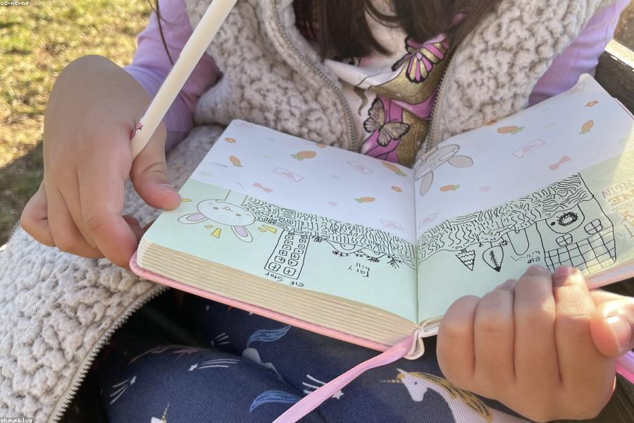 An open notebook with handwritten notes and a small pencil sketch in the margin